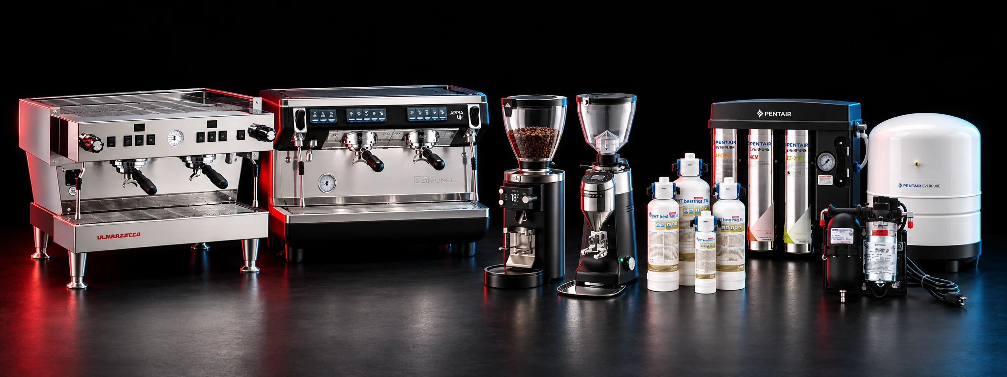 Espresso machines, grinders, water filtration, reverse osmosis equipment, and a compact water pump on black