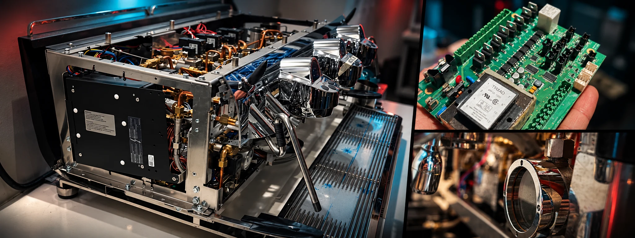Workshop views of an open espresso machine, circuit-board repair, and a pressure gauge